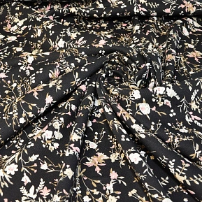 Штапель "Твил" "Веточки с цветами на черном фоне"