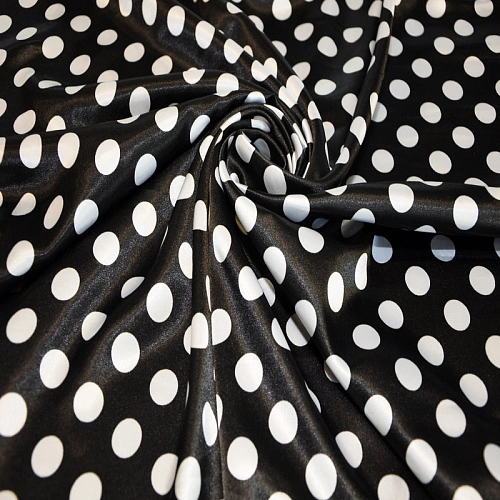 Атлас тонкий принт (черный фон белый горох 1,8см)