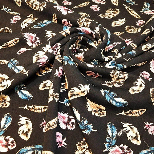 Штапель "Твил" "Перья на черном фоне"