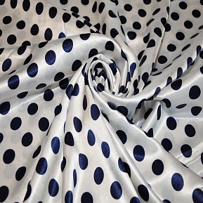 Атлас тонкий принт ( белый фон синий горох 1,8см)