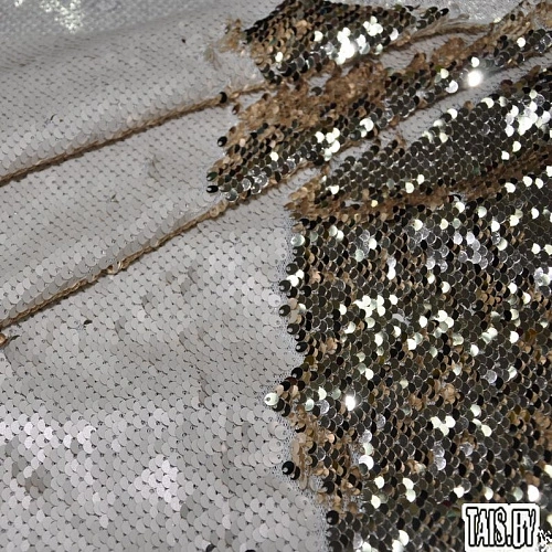 Пайеточная ткань двухцветная чешуя (молочный с золотом)