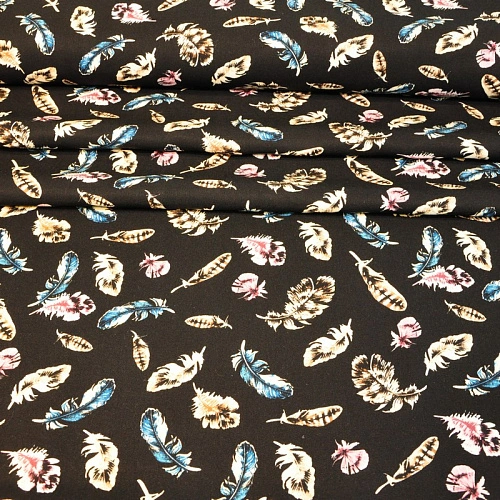 Штапель "Твил" "Перья на черном фоне"