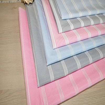 Рубашечный хлопок с кружевом полоска  (голубой)