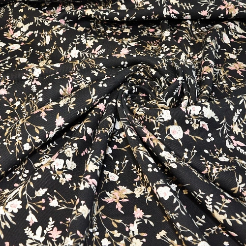 Штапель "Твил" "Веточки с цветами на черном фоне"