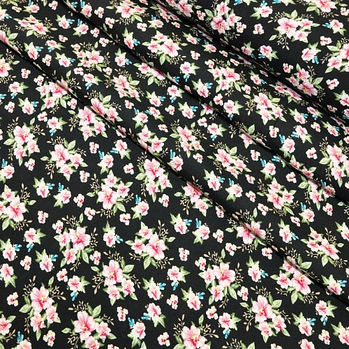 Штапель принт 23 цветочки на черном фоне