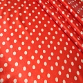 Атлас тонкий принт (красный фон белый горох 1см)