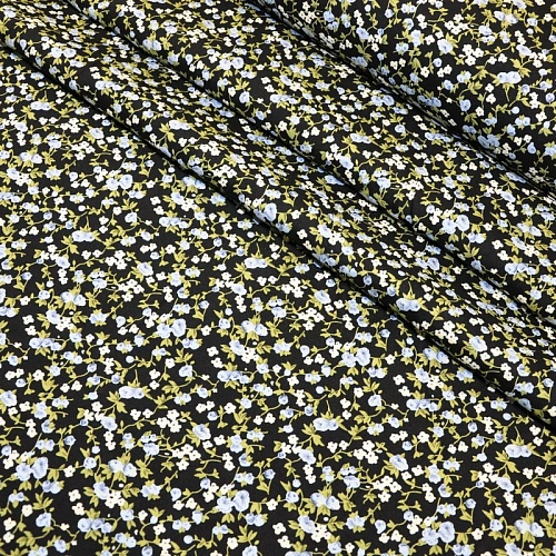 Штапель принт голубые цветочки на черном фоне