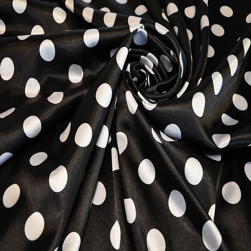 Атлас тонкий принт (черный фон белый горох 2,5см)