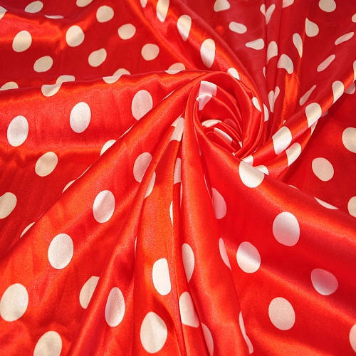Атлас тонкий принт (красный фон белый горох 2,5см)