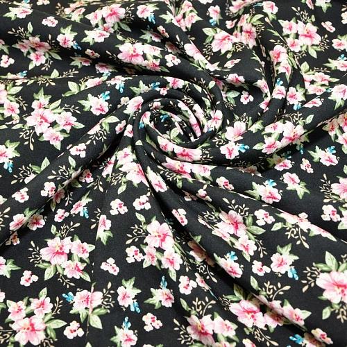 Штапель принт 23 цветочки на черном фоне