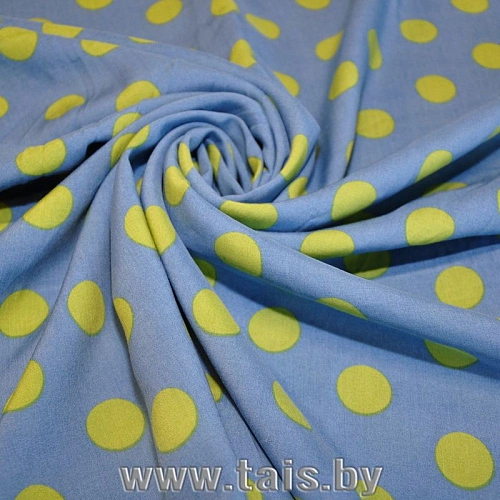 Штапель принт "Салатовый горох на голубом фоне"