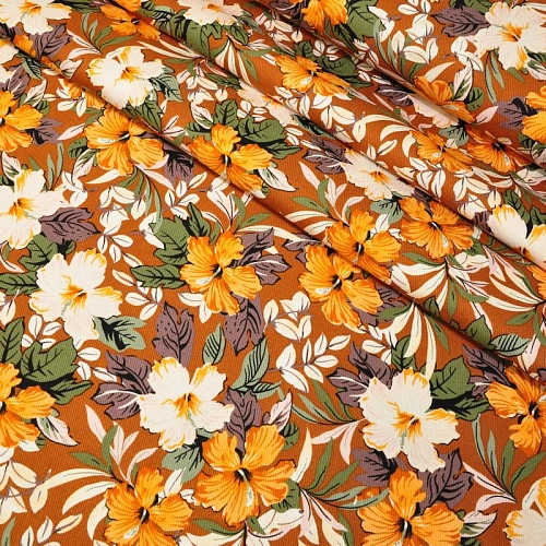 Штапель "Твил" "Лилии на теракотовом фоне"