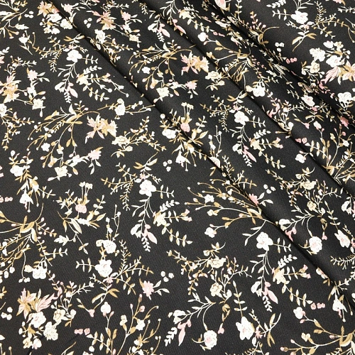 Штапель "Твил" "Веточки с цветами на черном фоне"