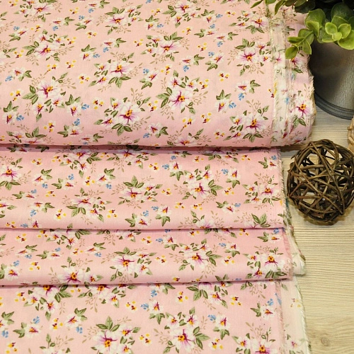 Штапель принт 23 цветочки на розовом фоне