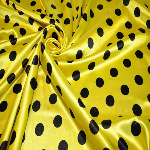 Атлас тонкий принт (желтый фон черный горох 2,5 см)