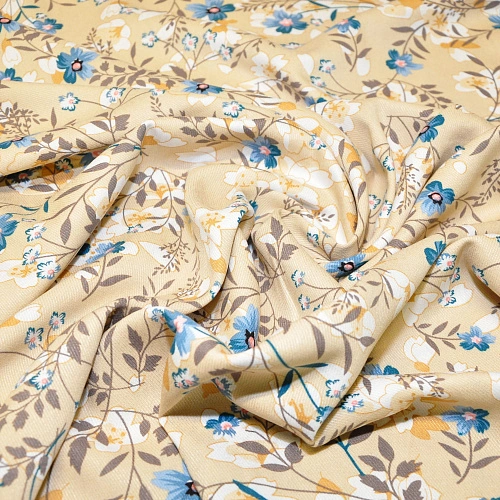 Штапель плотный "Васильковые цветы на бежевом фоне"