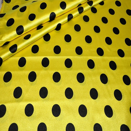 Атлас тонкий принт (желтый фон черный горох 2,5 см)