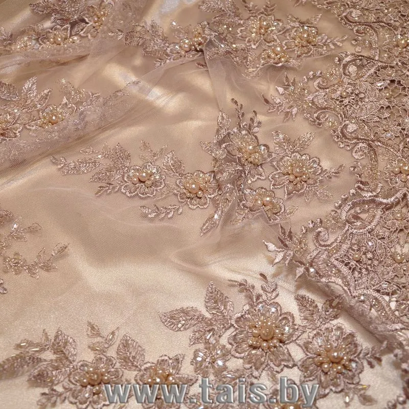 Вышивка на сетке с биссером (бежевый) скидки на ткани в Минске оптом и в розницу | Трикотаж tais.by