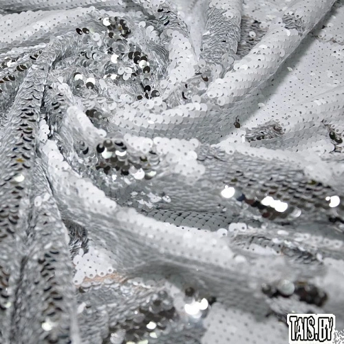 Пайеточная ткань двухцветная чешуя (белый с серебром)