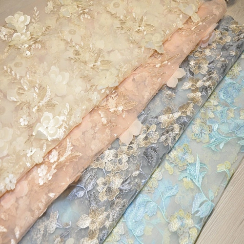 Гипюр 3Д с цветами (сливочный)