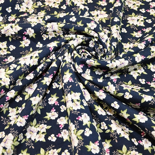 Штапель принт 23 цветочки на синем фоне