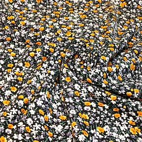 Штапель принт "Оранжевые цветочки на черном фоне"