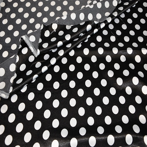 Атлас тонкий принт (черный фон белый горох 1,8см)