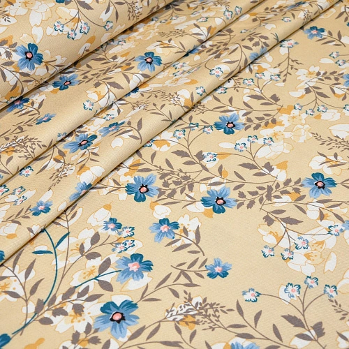 Штапель плотный "Васильковые цветы на бежевом фоне"