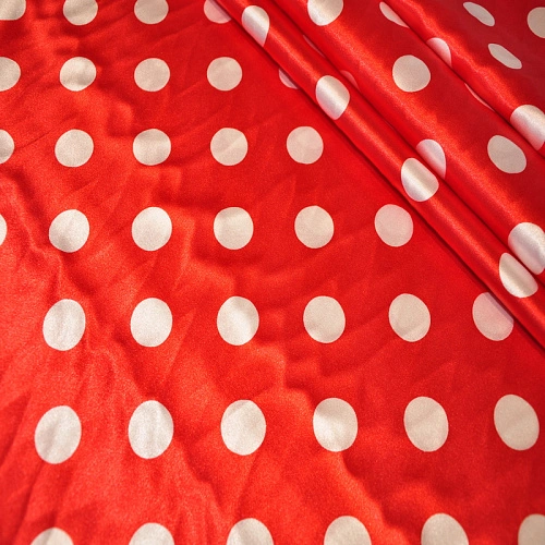 Атлас тонкий принт (красный фон белый горох 2,5см)