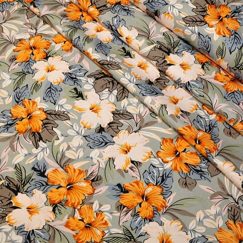 Штапель "Твил" "Лилии на серо-голубом фоне"