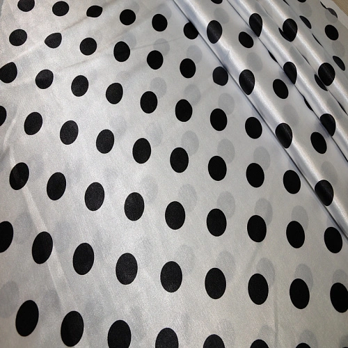 Атлас тонкий принт ( белый фон черный горох 2,5см)