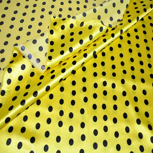 Атлас тонкий принт (желтый фон черный горох 1см)