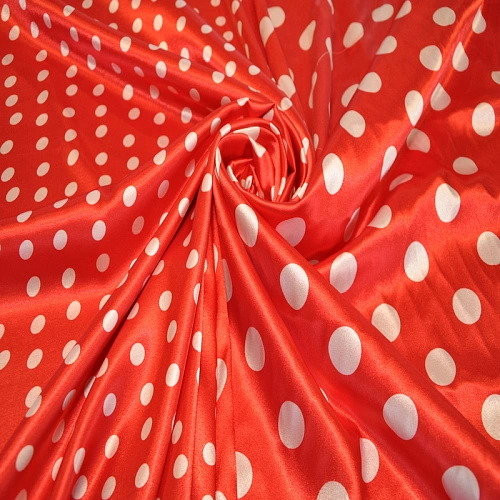 Атлас тонкий принт (красный фон белый горох 1см)