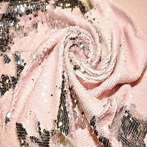 Пайеточная ткань двухцветная чешуя (св. розовый+серебро)