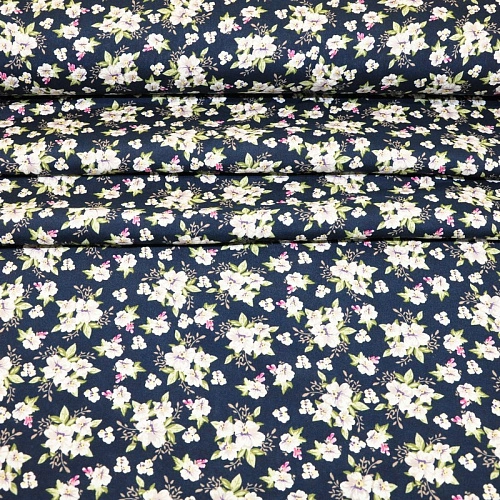 Штапель принт 23 цветочки на синем фоне