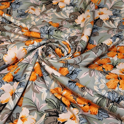 Штапель "Твил" "Лилии на серо-голубом фоне"