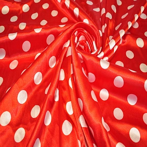 Атлас тонкий принт (красный фон белый горох 2,5см)