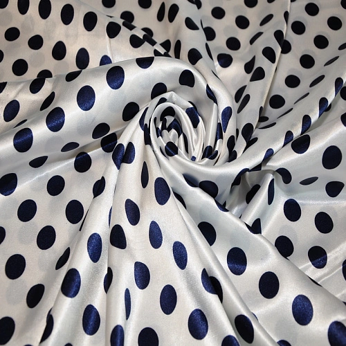 Атлас тонкий принт ( белый фон синий горох 1,8см)