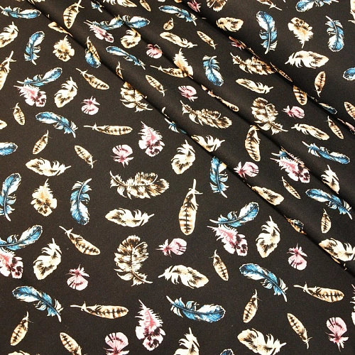 Штапель "Твил" "Перья на черном фоне"