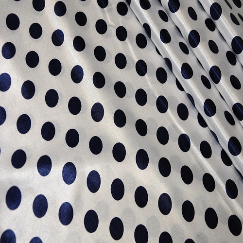 Атлас тонкий принт ( белый фон синий горох 1,8см)