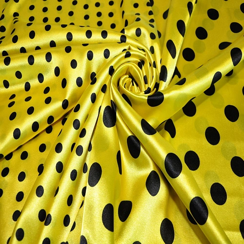 Атлас тонкий принт (желтый фон черный горох 1см)