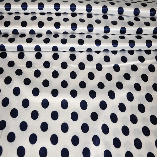 Атлас тонкий принт ( белый фон синий горох 1,8см)