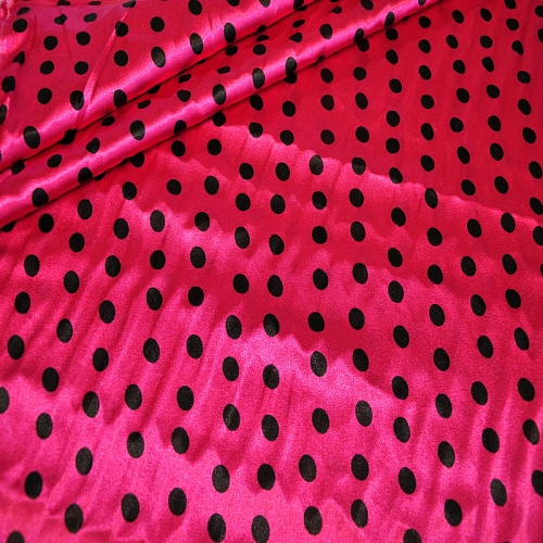 Атлас тонкий принт (малиновый фон черный горох 1см)