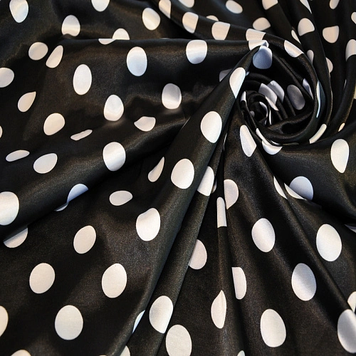 Атлас тонкий принт (черный фон белый горох 2,5см)