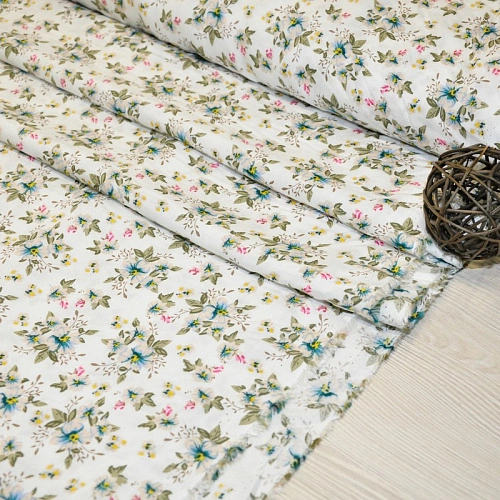 Штапель принт 23 цветочки на белом  фоне