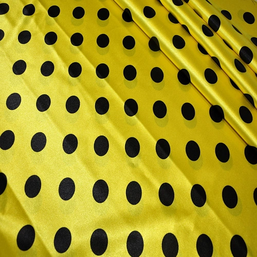 Атлас тонкий принт (желтый фон черный горох 2,5 см)