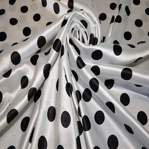 Атлас тонкий принт ( белый фон черный горох 2,5см)