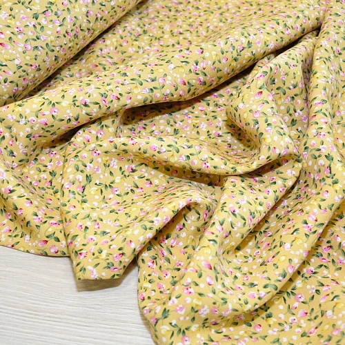 Штапель принт "Мелкий цветочек с веточками на желтом  фоне"