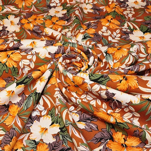 Штапель "Твил" "Лилии на теракотовом фоне"