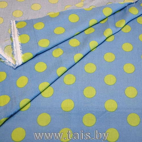 Штапель принт "Салатовый горох на голубом фоне"